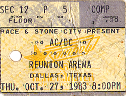 AC/DC Ticket Stub 10-27-83 Reunion Arena - Dallas, TX