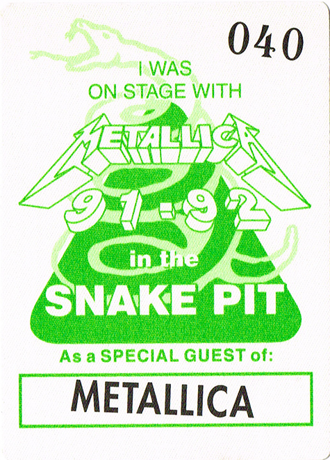 1991-92 Metallica Snake Pit Backstage Pass