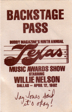 Vintage April 12, 1982 Buddy Magazine Ninth Annual Texas Music Award Backstage Pass Featuring Willie Nelson