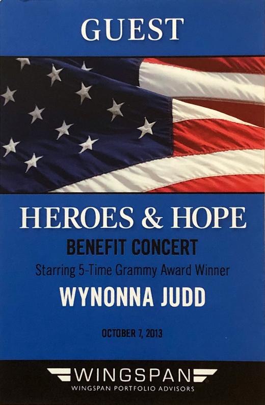 Wynonna Judd - 2013 Hopes & Heroes Guest Backstage Pass