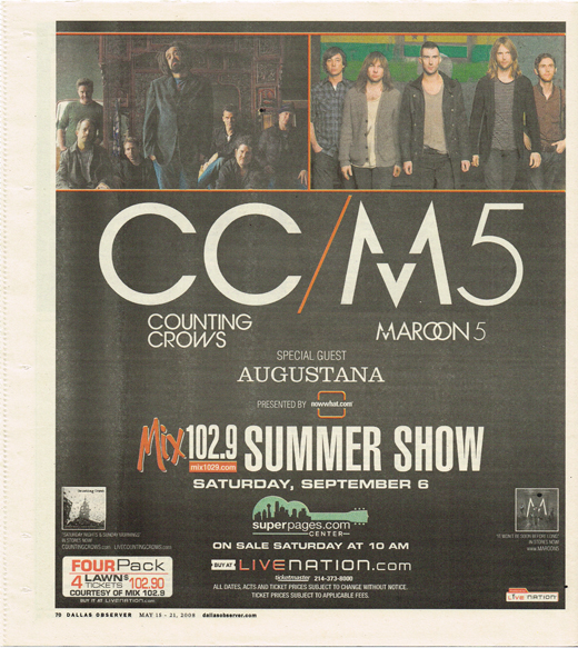 Counting Crows / Maroon 5 - May 2008 Tour Concert Ad