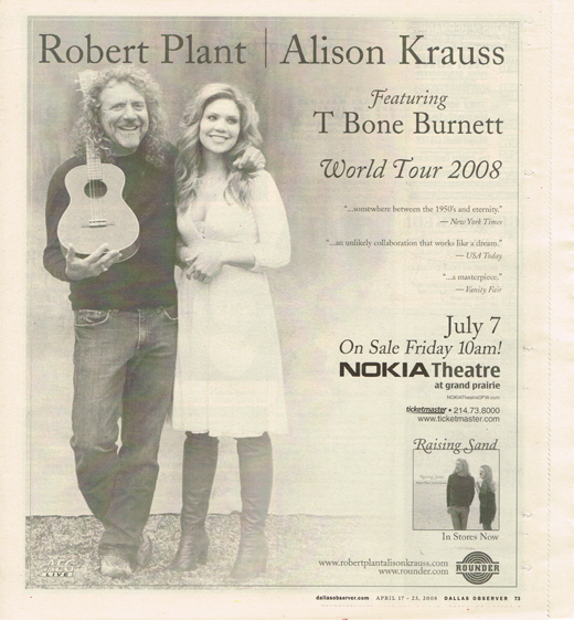 Robert Plant / Alison Krauss - April 2008 Concert Ad