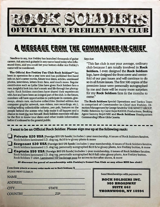 Ace Frehley - 1987 Rock Soldiers Fan Club Handbill