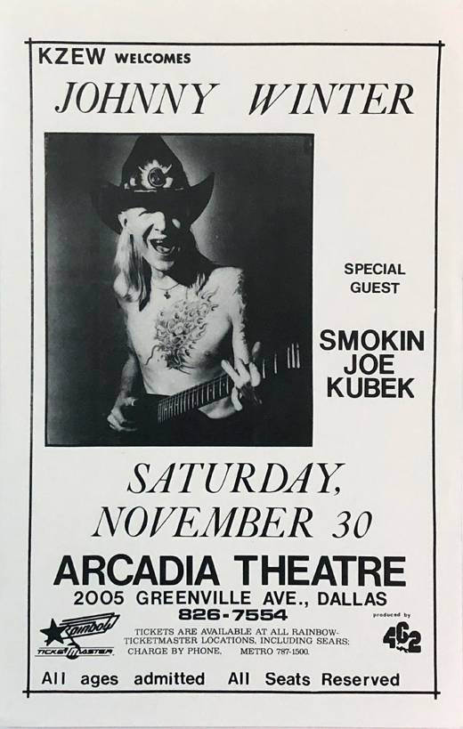 Johnny Winter | Smokin Joe Kubek - 1986 Arcadia Theater Dallas, TX Handbill