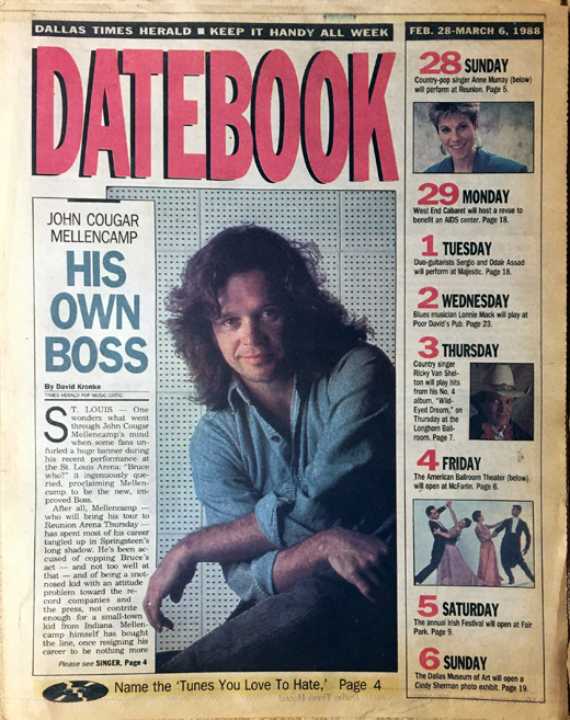 John Cougar Mellencamp - Feb-March 1988 Datebook Magazine