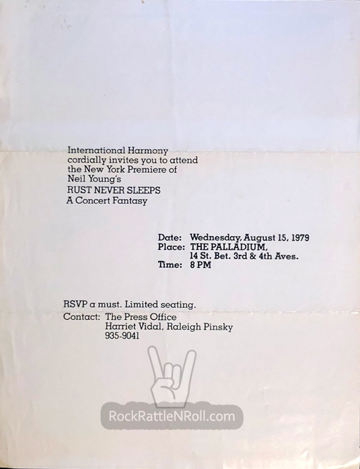 Original Neil Young - 1979 Rust Never Sleeps New York Movie Premire Invitation
