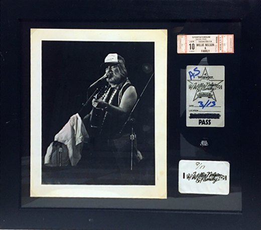 Willie Nelson - 1984 Framed Photo, Ticket, Backstage Pass, Guitar Pick, Tour Pass Holder
