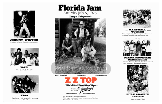 ZZ Top Kiss, War Johnny Winter Marshall Tucker Band Pure Prairie League Ozark Mountain Daredevils - July 5, 1975 Florida Jam Repro Concert Poster