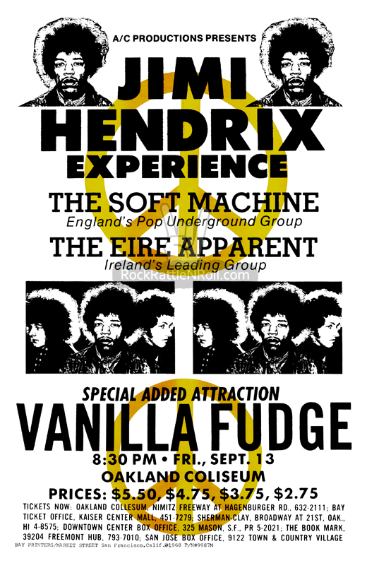 Jimi Hendrix - 1968 Oakland Coliseum Oakland, CA Concert Poster