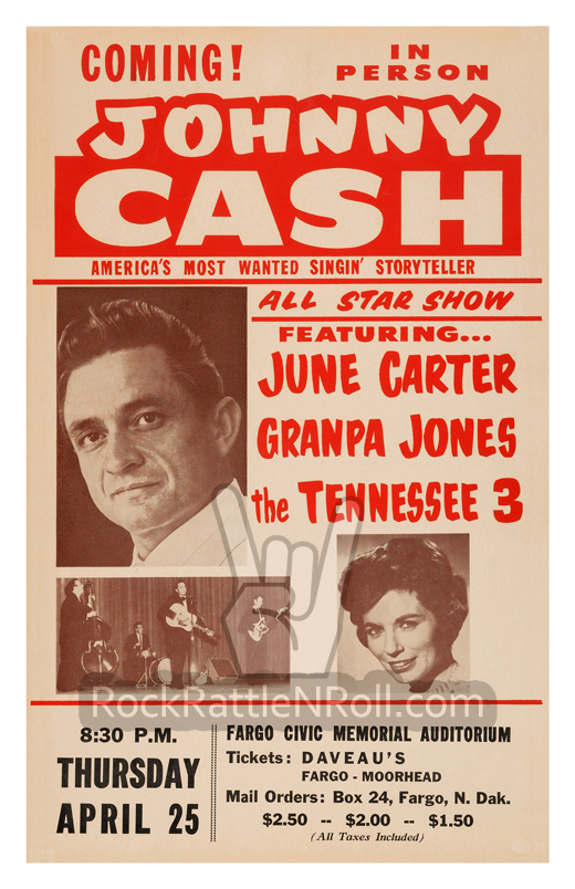 Johnny Cash / June Carter - 1963 Fargo Civic Memorial Auditorium Fargo, ND Concert Posterr