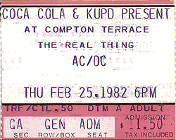 AC/DC Ticket Stub 02-25-82 Compton Terrace Amphitheater - Chandler, AZ