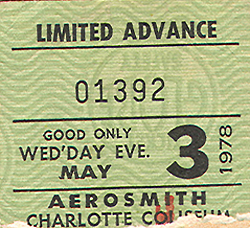Aerosmith Ticket Stub May 3, 1978 Charlotte Coliseum - NC