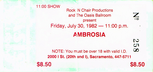 Ambrosia 07-30-82 Sacramento, CA Ticket Stub