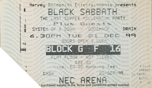 Black Sabbath 12-21-99 NEC Arena - Solihull England, UKConcert Ticket Stub