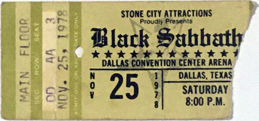 Black Sabbath 11-25-78 Convention Center Arena - Dallas, TX Ticket Stub