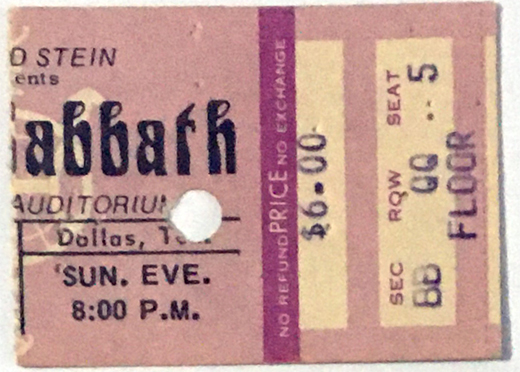 Black Sabbath 08-24-75 Memorial Auditorium - Dallas, TX Ticket Stub