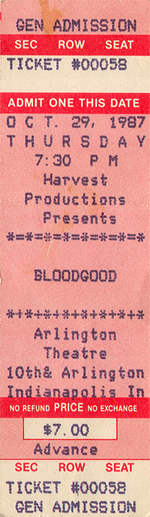 Bloodgood Full Unused Ticket 10-29-87 Arlington Theatre - Indianapolis, IN