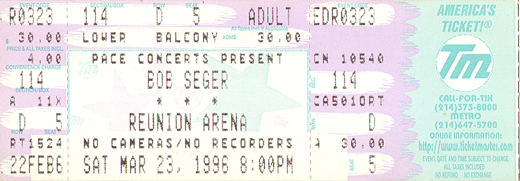 Bob Seger 03-23-96 Reunion Arena Dallas, TX Ticket Stub