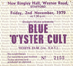 Blue Oyster Cult Concert Ticket Stub 11-02-79 New Bingley Hall - Stafford, UK