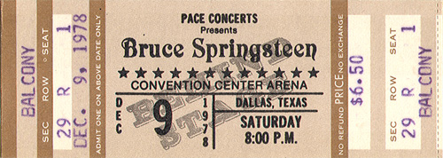 Bruce Springsteen Full Unused Ticket 12-09-78 Dallas Convention Center - Dallas, TX - Brown