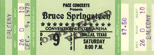 Bruce Springsteen Full Unused Ticket 12-09-78 Dallas Convention Center - Dallas, TX - Green