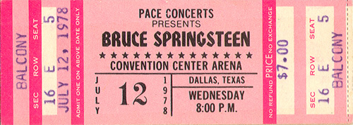 Bruce Springsteen Full Unused Ticket 07-12-78 Dallas Convention Center - Dallas, TX - Red