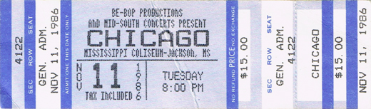 Chicago 11-11-86 - Mississippi Colliseum - Jackson, MS Full Unsed Ticket
