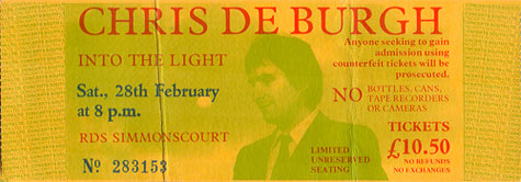 Chris De Burgh Full Unused Ticket 02-28-98 RDS Simmons Court - Dublin, Ireland