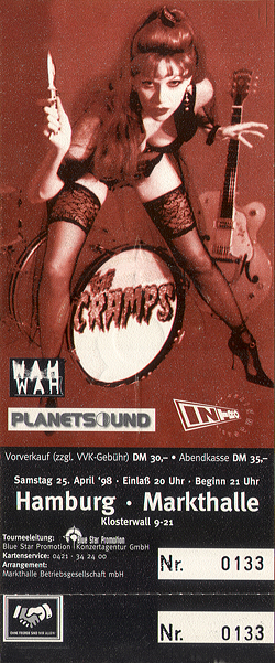The Cramps Full Unused Ticket 04-25-98 Markthalle - Hamburg, Germany