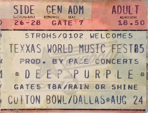 Deep Purple 08-24-85 Texxas Jam Cotton Bowl - Dallas, TX Ticket Stub