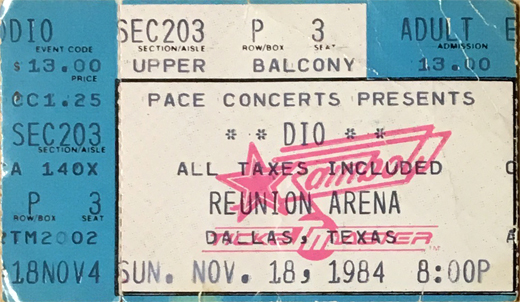Dio Ticket Stub 11-18-84 Reunion Arena Seat 3