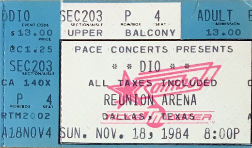 Dio Ticket Stub 11-18-84 Reunion Arena Seat 4