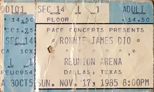 Dio Ticket Stub 11-17-85 Dallas, TX