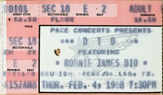 Dio Ticket Stub 02-04-88 Reunion Arena Dallas, TX