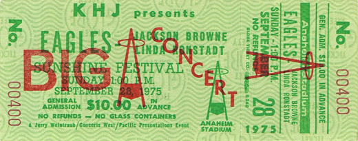 Eagles 09-08-75 Sunshine Festival Anahein Stadium, CA Full Unused Ticket
