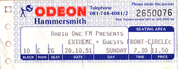 Extreme Ticket Stub 10-20-91 Odeon Hammersmith - London, UK