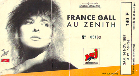 France Gall Ticket Stub 11-14-87 Au Zenith - Paris, France