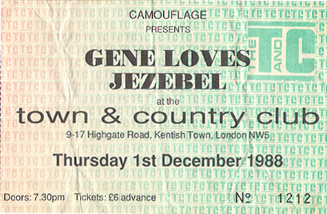Gene Loves Jezebel Ticket Stub 12-01-88 Town & Country - London, UK