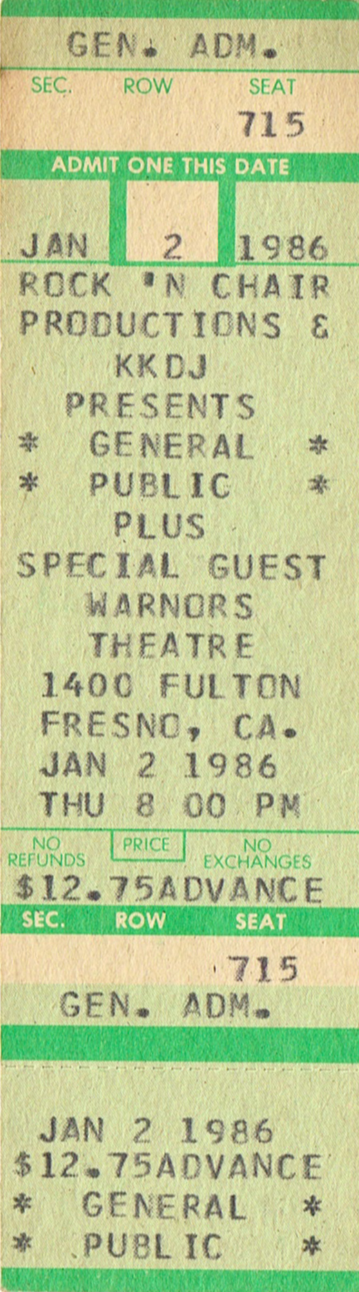 General Public 01-02-86 Warnors Theatre - Fresno, CA Full Unused Ticket