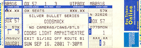 Godsmack Full Unused Ticket 09-16-01 Coors Light Amphitheater - Scranton, PA