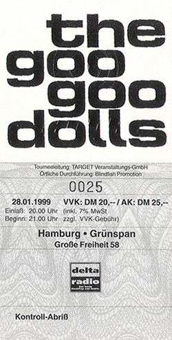Goo Goo Dolls Ticket Stub 01-28-99 Grobe Freiheit 58 - Hamburg, Germany