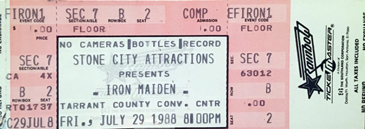 Iron Maiden 07-29-88 Tarrant County Convention Center - Fort Worth, TX