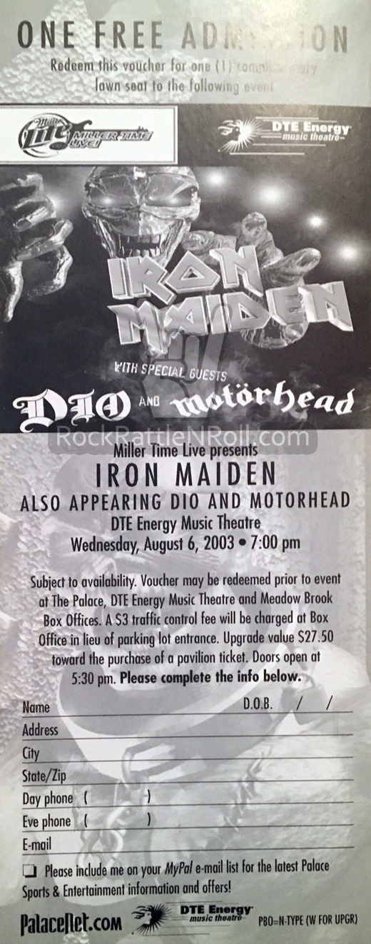 Iron Maiden / DIO / Motorhead 08-06-03 DTE Music Energy Theatre - Clarkston, MI VOUCHER