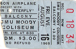 Jefferson Airplane Ticket Stub 08-16-68 SMU Moody Coliseum - Dallas, TX