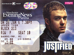 Justin Timberlake Ticket Stub 01-06-03 Evening News Arena - Manchester, UK