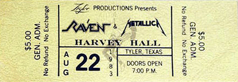 Metallica Unused Ticket 08-22-83 Harvey Hall - Tyler, TX