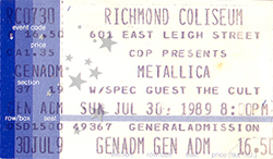 Metallica Ticket Stub 07-30-89 Richmond Coliseum - Richmond, VA