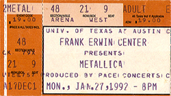 Metallica Ticket Stub 01-27-92 Frank Erwin Center - Austin, TX