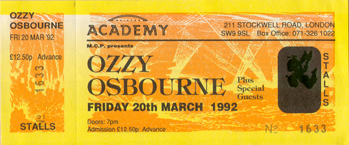 Ozzy Osbourne Full Unsed Concert Ticket 03-20-92 Academy London, UK