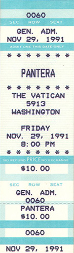 Pantera Full Unused Ticket 11-29-91 the Vatican - Houston, TX